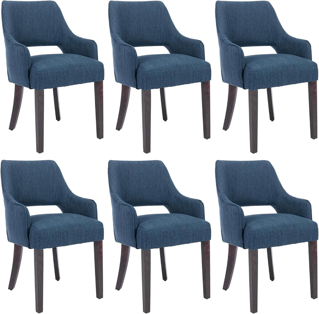 Upholstered Dining Chairs with Arms Set of 6, Linen Fabric Soft Padded Dining Room Chairs, Solid Wood Kitchen Armchairs for Kitchen/Dining/Living Room, Blue