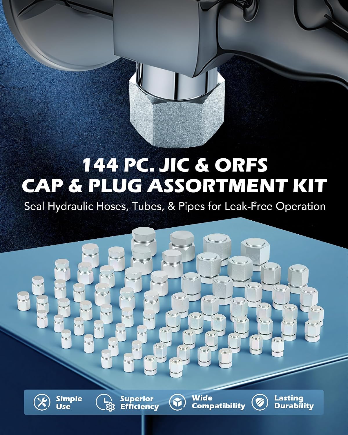 ZELCAN Hydraulic Hose Cap & Plug Kit, 144-Piece JIC & ORFS Plug and Cap Assortment Kit for Dash Size 4 6 8 10 12 16, Heavy-Duty Hydraulic Hose Fitting Kit for Industrial Pipe Tube Sealing