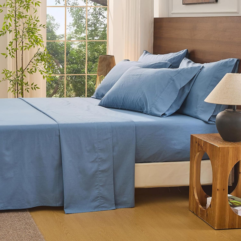 Bedlifes 100% French Flax Linen Sheets Set King Size - 6 Piece Extra Deep Pocket 18-24',Soft Breathable King Bed Sheets with Temperature Regulating & Moisture-Wicking(Flint Blue
