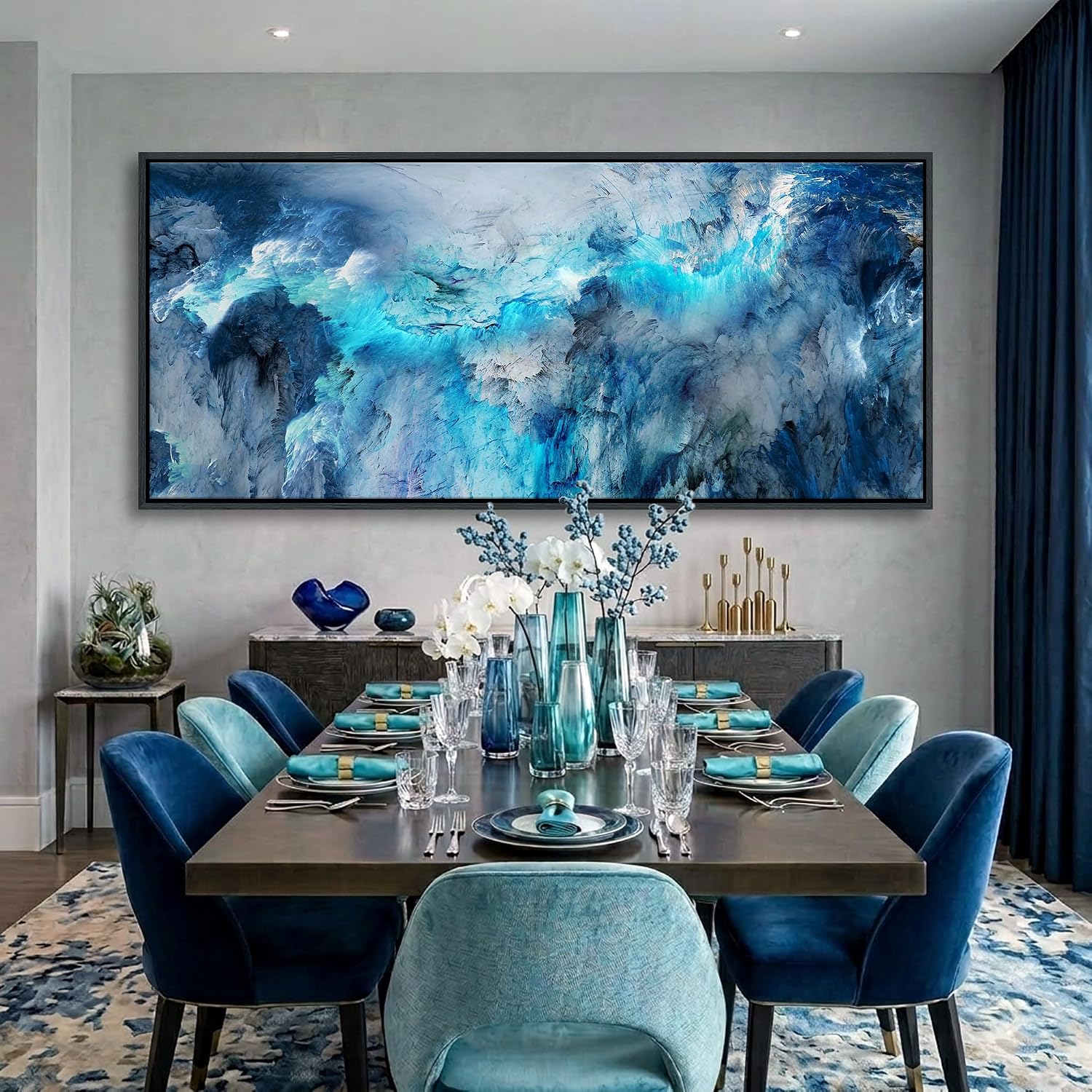 Mofutinpo Framed Abstract Canvas Wall Art | Modern Blue Contemporary Painting for Living Room, Bedroom, and Office | Large Abstract Artwork 31x70 Inches | artwork for walls