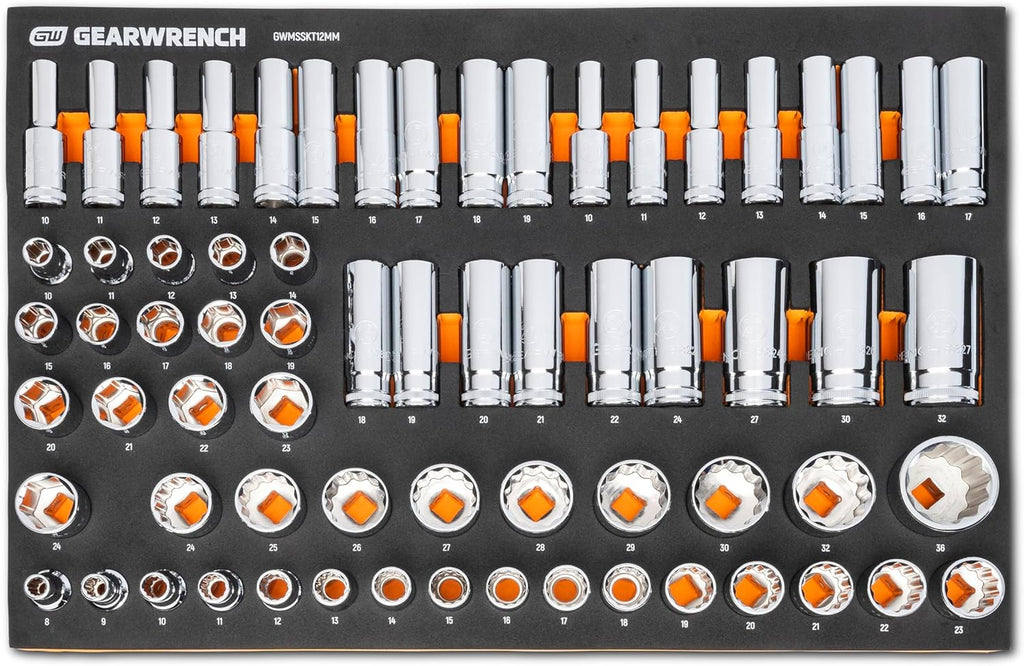 GEARWRENCH 67 Piece 1/2' Drive Master Metric Chrome Socket Set in Foam Storage Tray - GWMSSKT12MM