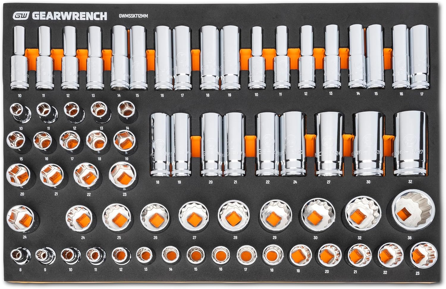 GEARWRENCH 67 Piece 1/2' Drive Master Metric Chrome Socket Set in Foam Storage Tray - GWMSSKT12MM