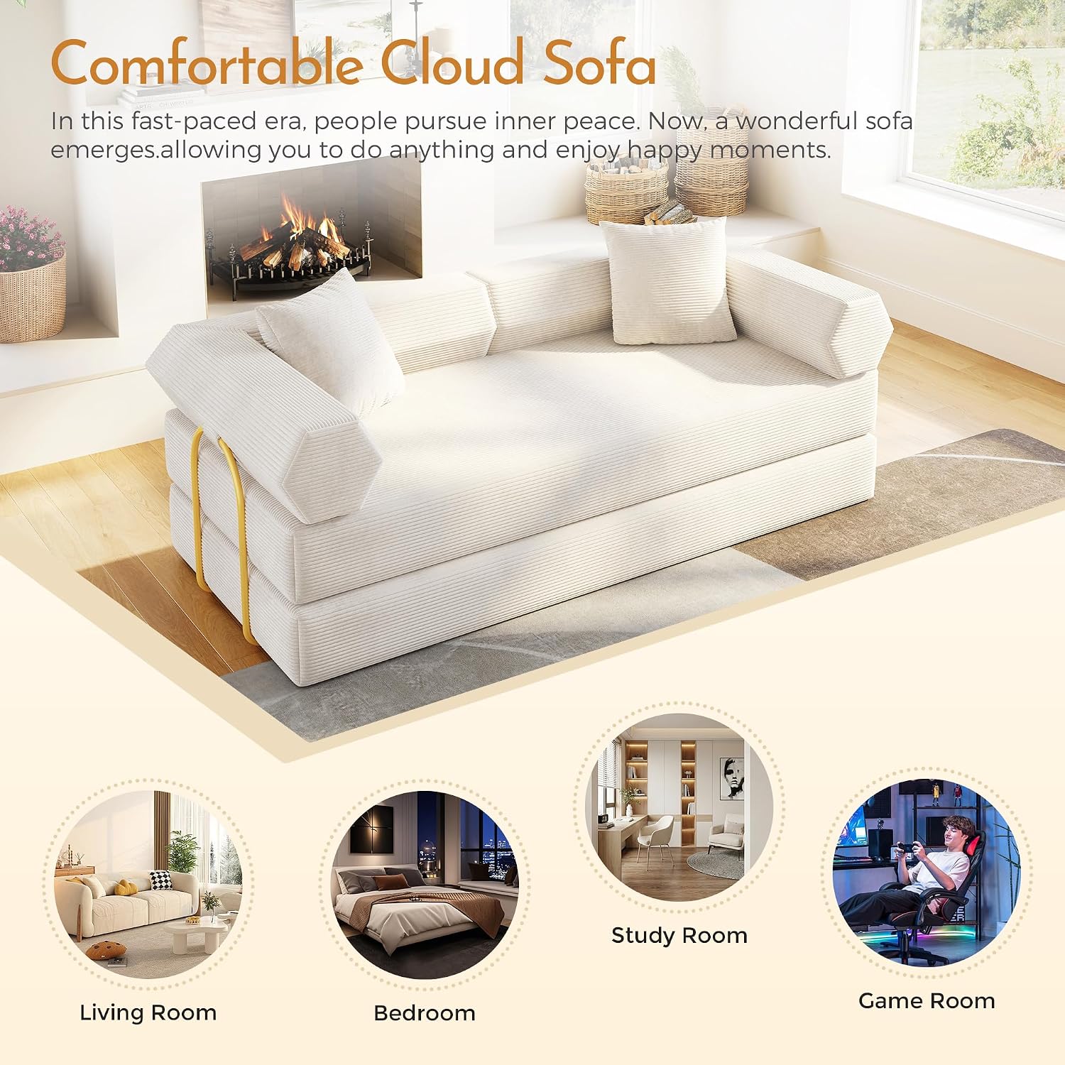 79'' Corduroy Convertible Sofa Bed, No Assembly Modular Folding Sleeper Couch, 5-in-1 Pull Out Bed with Removable Washable Cover, Space Saving Guest Bed for Living Room Apartment Bedroom (Beige White)