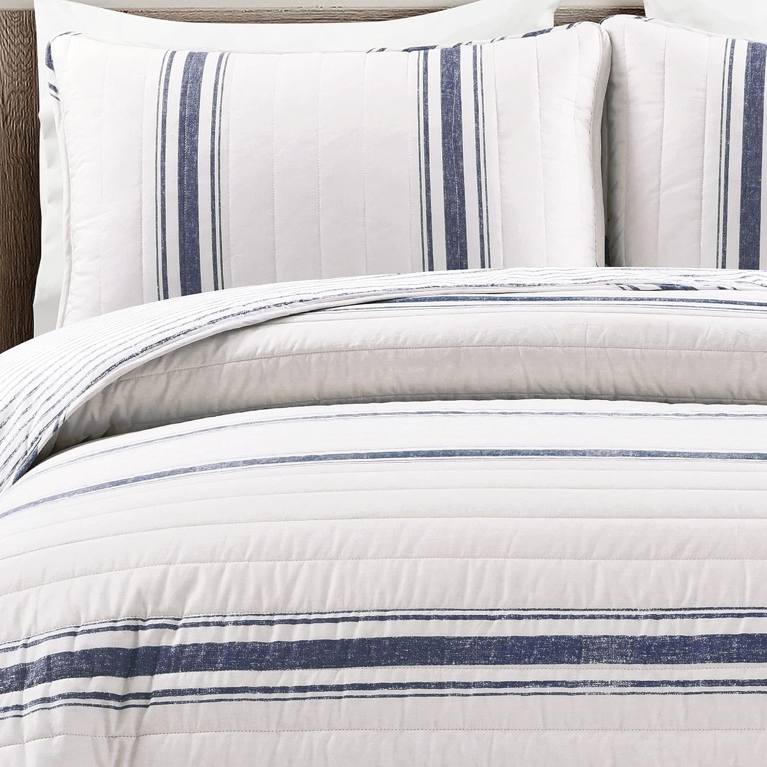 Lush Decor Farmhouse Stripe Reversible Cotton Quilt California King Size 3 Piece Set Navy - Farmhouse Bedding Set - Cal King Quilt - Striped Bedding