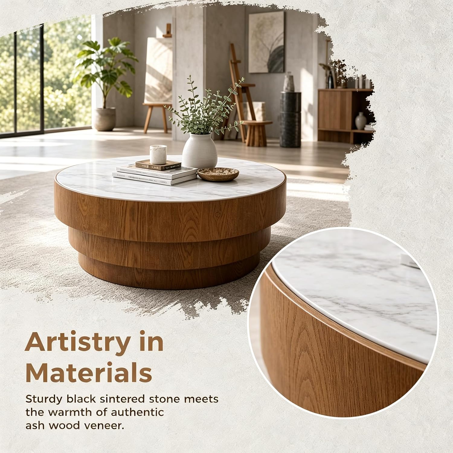 White Round Coffee Table, 31.5' Round Coffee Table with Sintered Stone Tabletop and MDF with Wood Veneer Tiered Base, Modern Low Profile Circle Cocktail Tea Table for Living Room