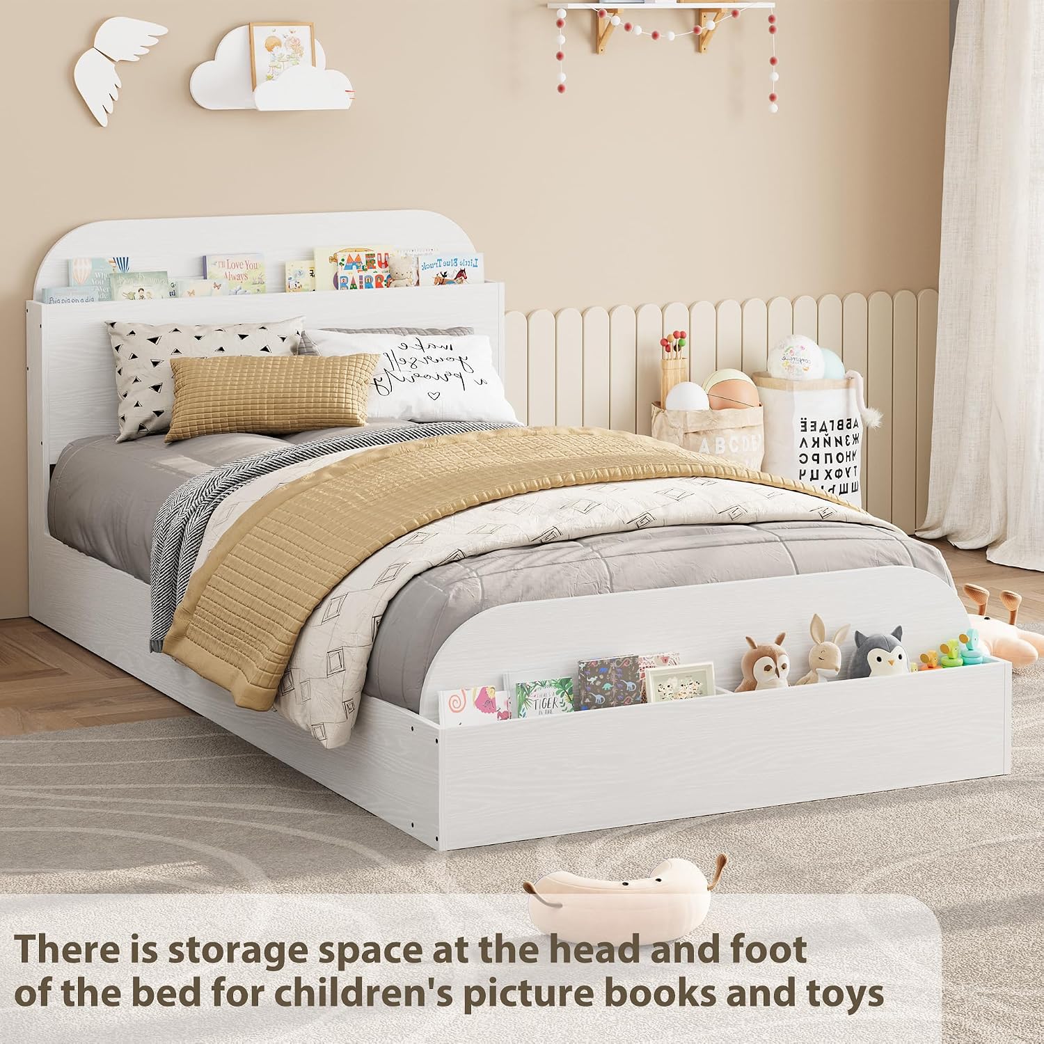 GarveeHome Twin Size Bed Frame, Wooden Beds with Storage Headboard and Raised-Foodboard for Kid, Twin-Floor Low Platform Bed for Bedroom, Sturdy Wooden Slats Support, No Box Spring Needed, White