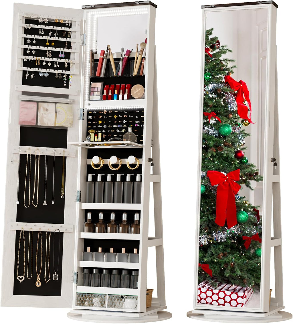 LVSOMT LED Mirror Jewelry Cabinet Standing, 360° Swivel Jewelry Organizers and Storage, Farmhouse Mirror with Jewelry Storage, Lighted Jewelry Armoire with Full Length Mirror (White Wood)