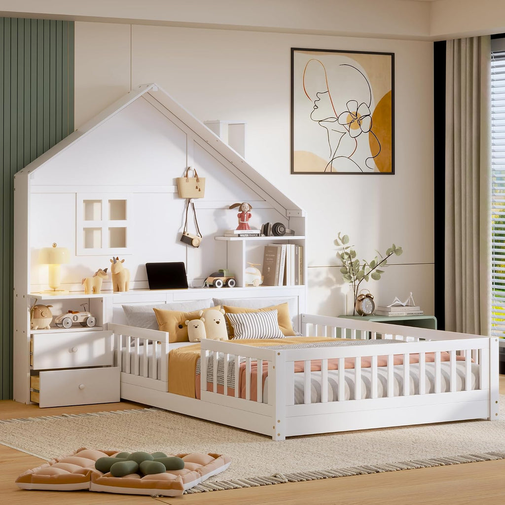 Full Floor House Bed for Kids, Wood Montessori Floor Bed with Rails, Window and Bedside Drawers, Kids Full Platform Bed with Shelves and a Set of Sockets and USB Port (Full,White)