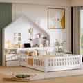 Full Floor House Bed for Kids, Wood Montessori Floor Bed with Rails, Window and Bedside Drawers, Kids Full Platform Bed with Shelves and a Set of Sockets and USB Port (Full,White)