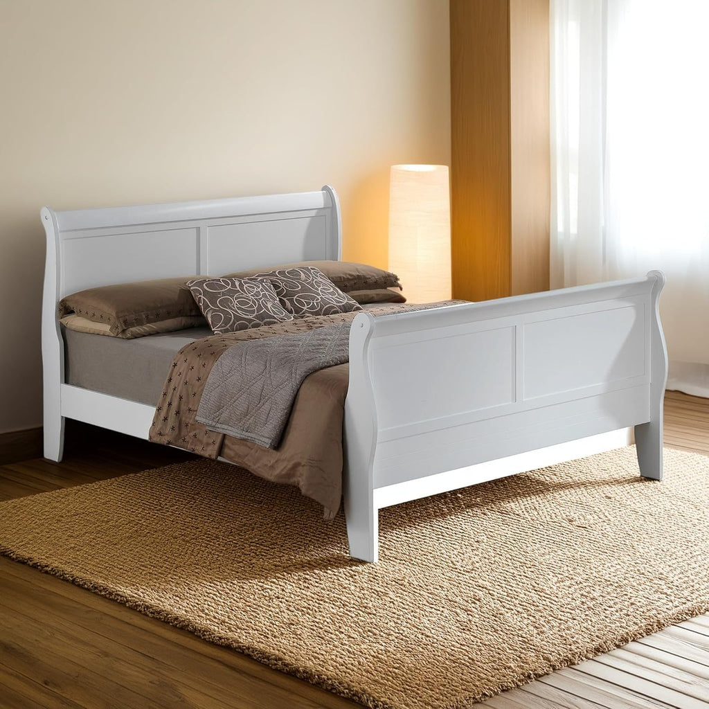 GDFStudio Full Size Wood Platform Bed Frame, Classic Sleigh Design with Curved Trim & Wood Posts,Easy Assembly, Box Spring Required,Timeless Elegant Bedroom Furniture,White