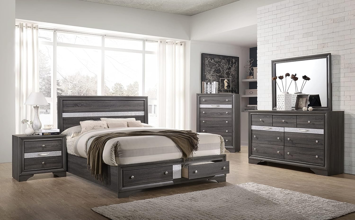 Style Full 5pc Storage Bedroom Set Made with Wood in Gray