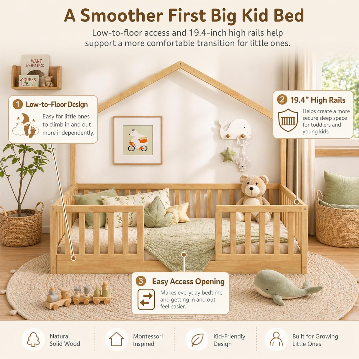 Twin Floor Bed Frame with High Rails, Wooden Montessori Floor Bed Twin with Light & Wood Slats, Low Profile Montessori Beds for Kids, Boys & Girls, Natural