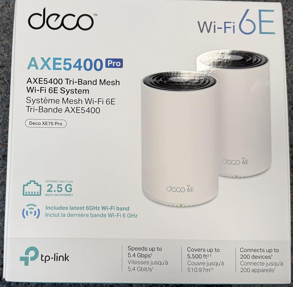 TP-Link Deco XE75 Pro AXE5400 Tri-Band WiFi 6E Mesh System - 2.5G WAN/LAN Port, Covers up to 5500 Sq.Ft, Replaces WiFi Router and Extender, AI-Driven Mesh, New 6GHz Band, 2-Pack