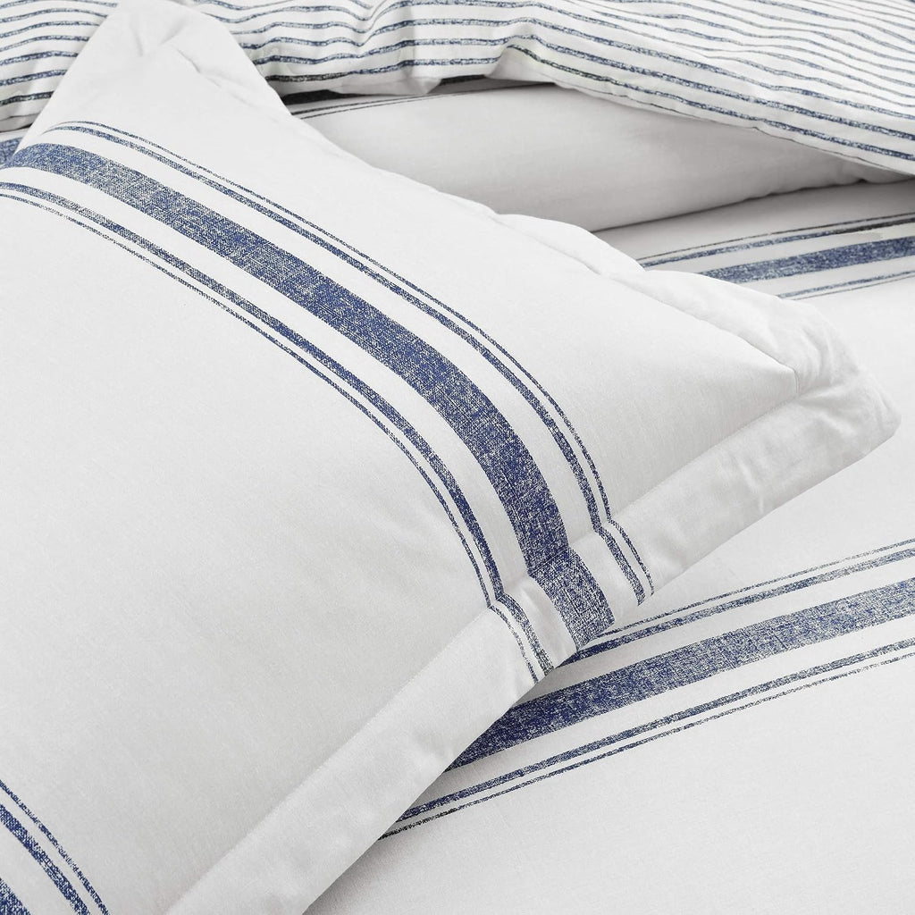 Lush Decor Farmhouse Stripe Reversible Cotton Comforter Set, 3 Piece Set, King, Navy - Cozy Farmhouse Bedding Set - Rustic Decor - Striped Comforter - Modern Farmhouse Bedroom Decor