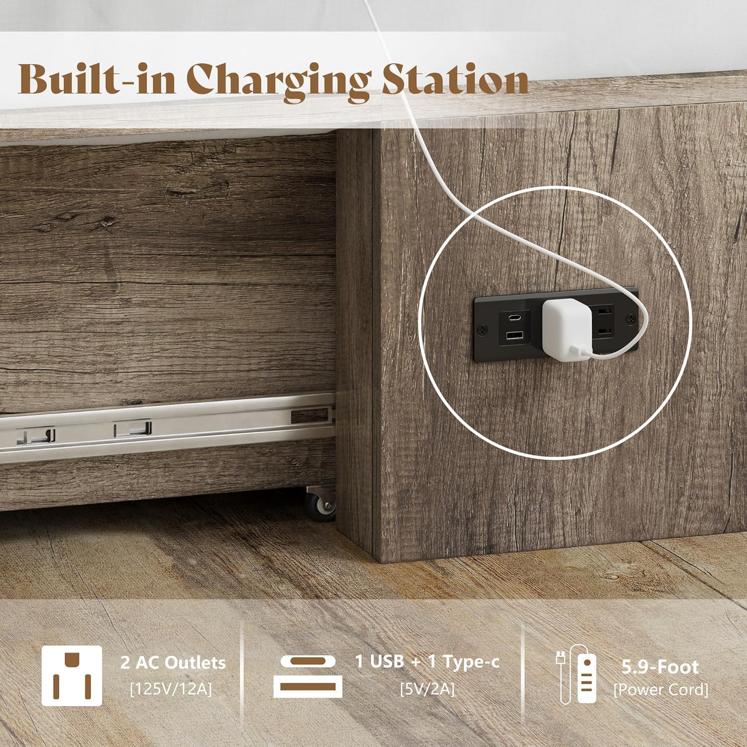 AMERLIFE Full Size Murphy Bed with Folding Mattress, Farmhouse Wooden Cabinet with Charging Station and Storage Drawer for Bedroom/Office/Guest Room, Grey Oak