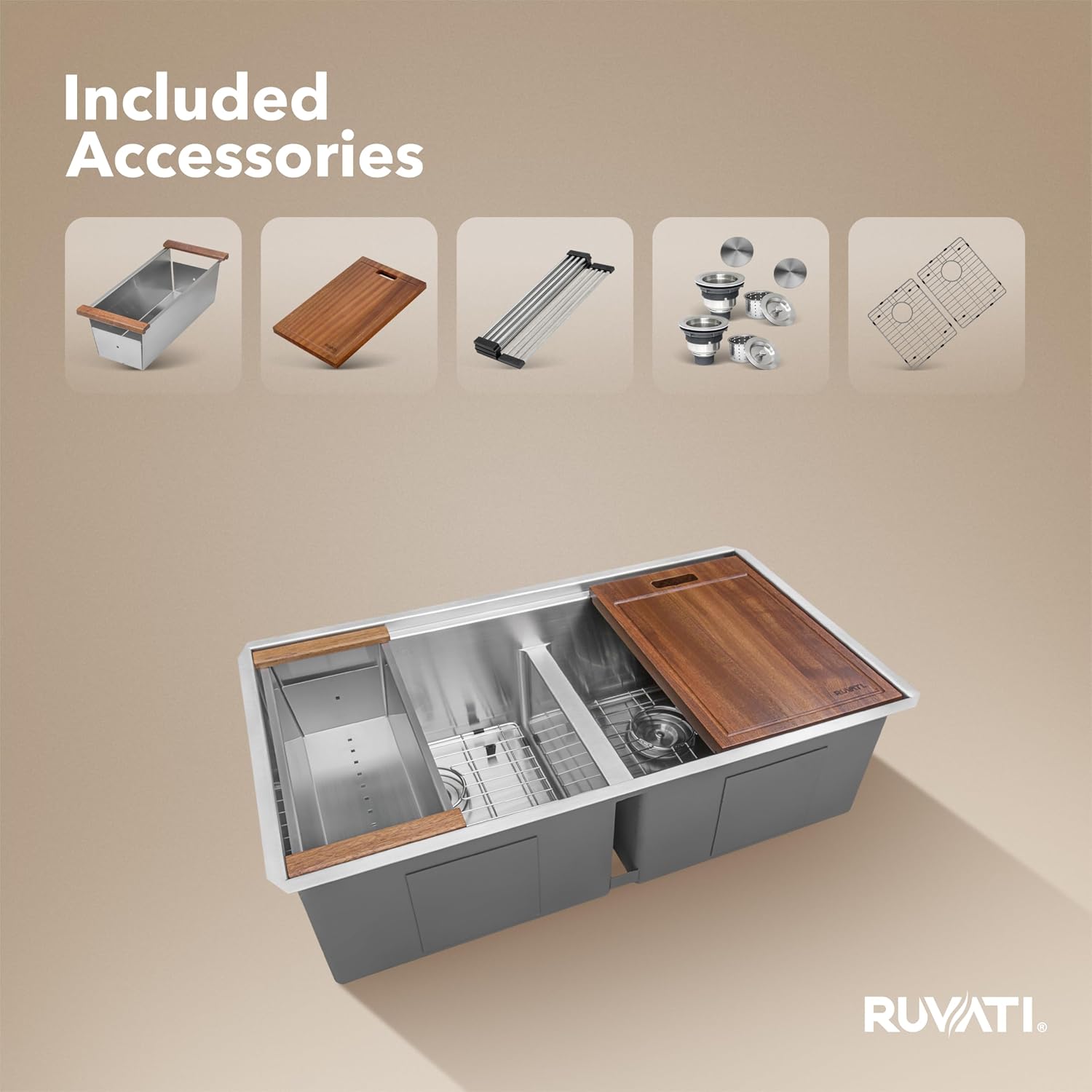 Ruvati 33-inch Workstation Rounded Corners 50/50 Double Bowl Undermount Kitchen Sink - RVH8351