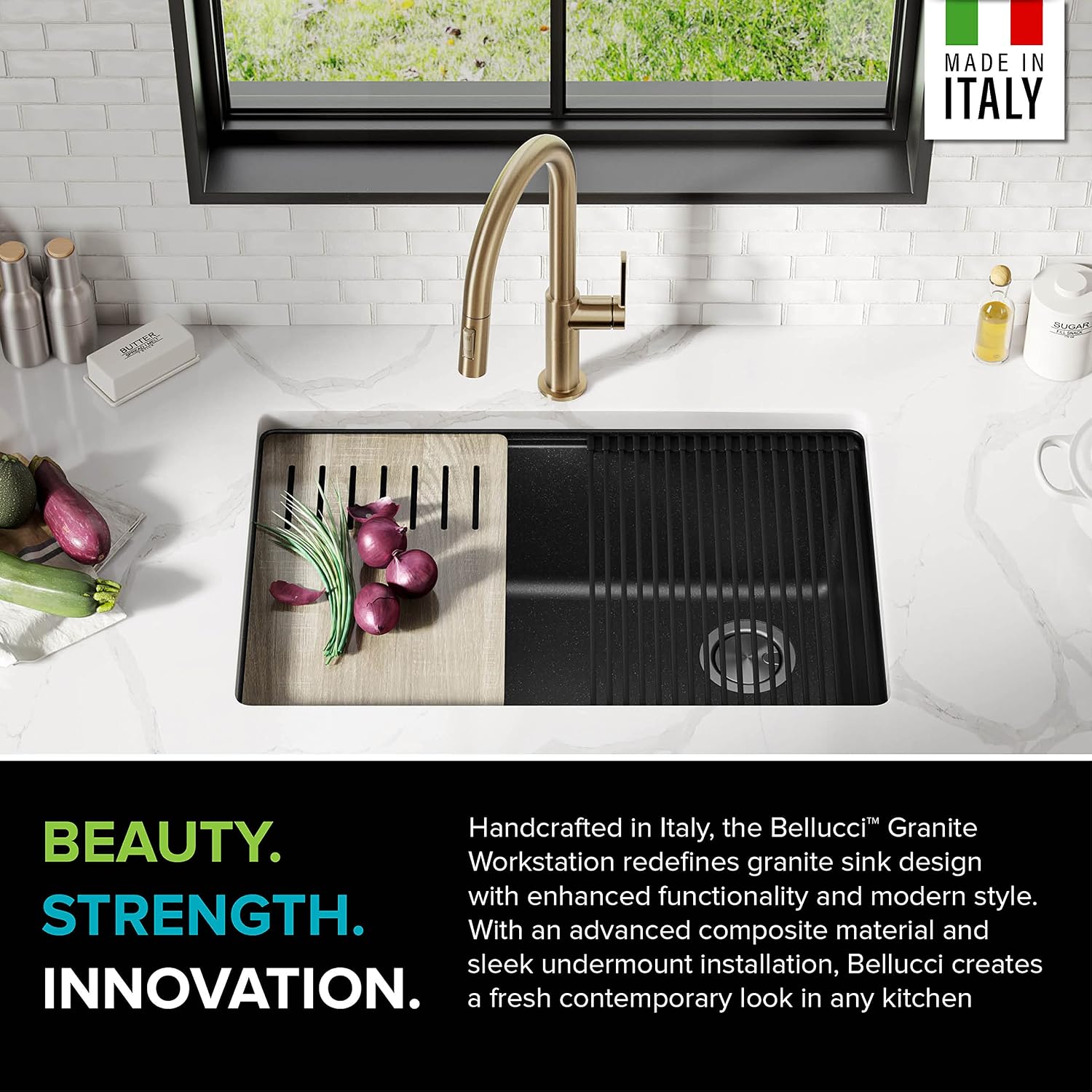 KRAUS Bellucci 30' in. Undermount Workstation Granite Kitchen Sink in Metallic Black with Accessories, KGUW2-30MBL
