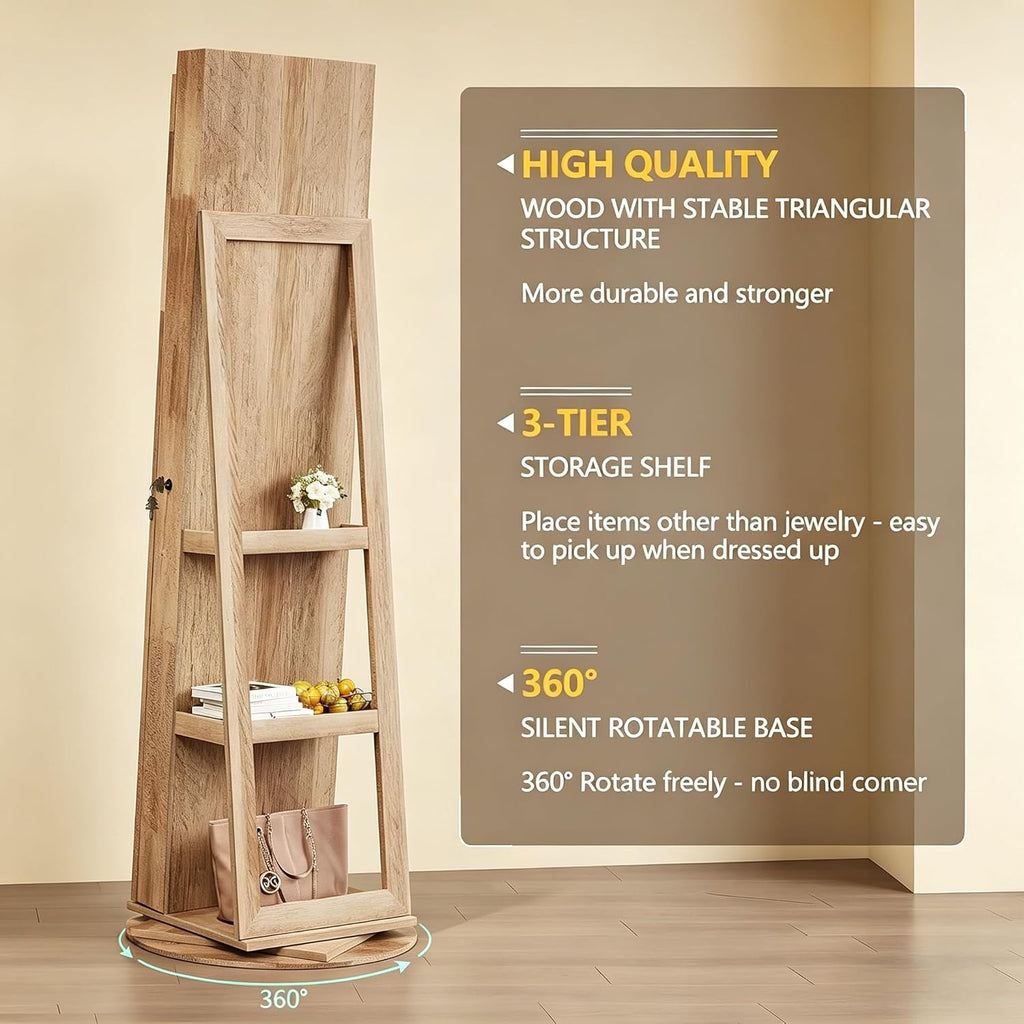 LVSOMT 360° Rotating Full Length Mirror Jewelry Cabinet with Sliding Door, LED Lighted Lockable Jewelry Armoire Organizer, Standing Up Mirror with Storage for Bedroom Dressing Room, Light Wood