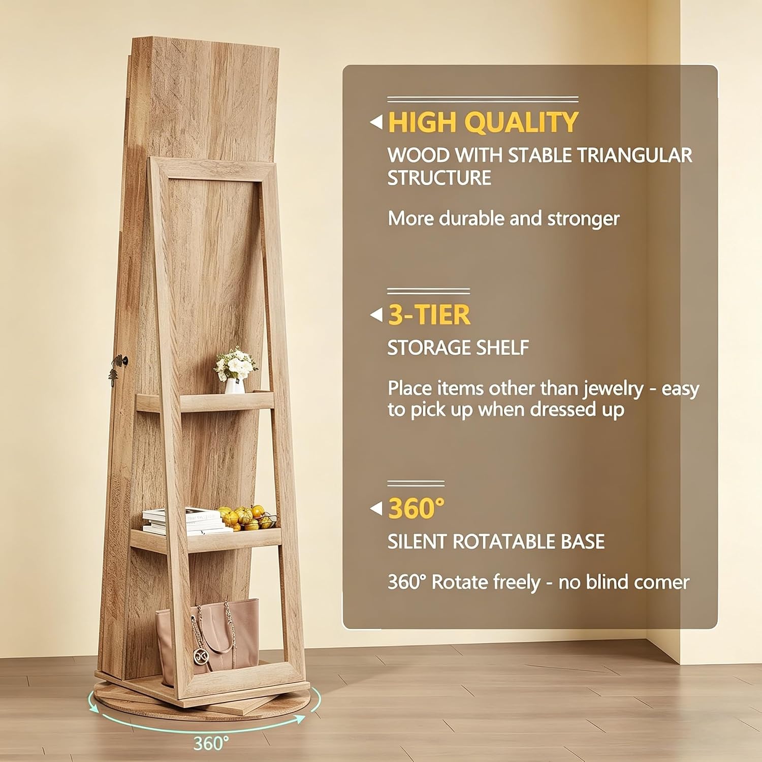 LVSOMT 360° Rotating Full Length Mirror Jewelry Cabinet with Sliding Door, LED Lighted Lockable Jewelry Armoire Organizer, Standing Up Mirror with Storage for Bedroom Dressing Room, Light Wood