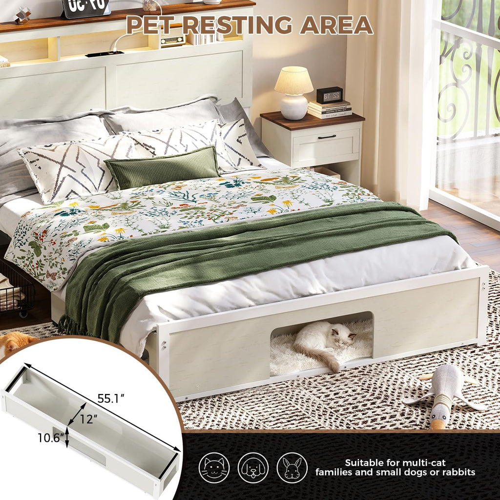 FUNKOCO Wood Queen Bed Frame with Nightstand Set of 2，Farmhouse Bed Frame with Cat & Dog Bed, Storage Headboard and 2 Drawers, LED Lights & Charging Station, Noise Free, No Box Spring Needed