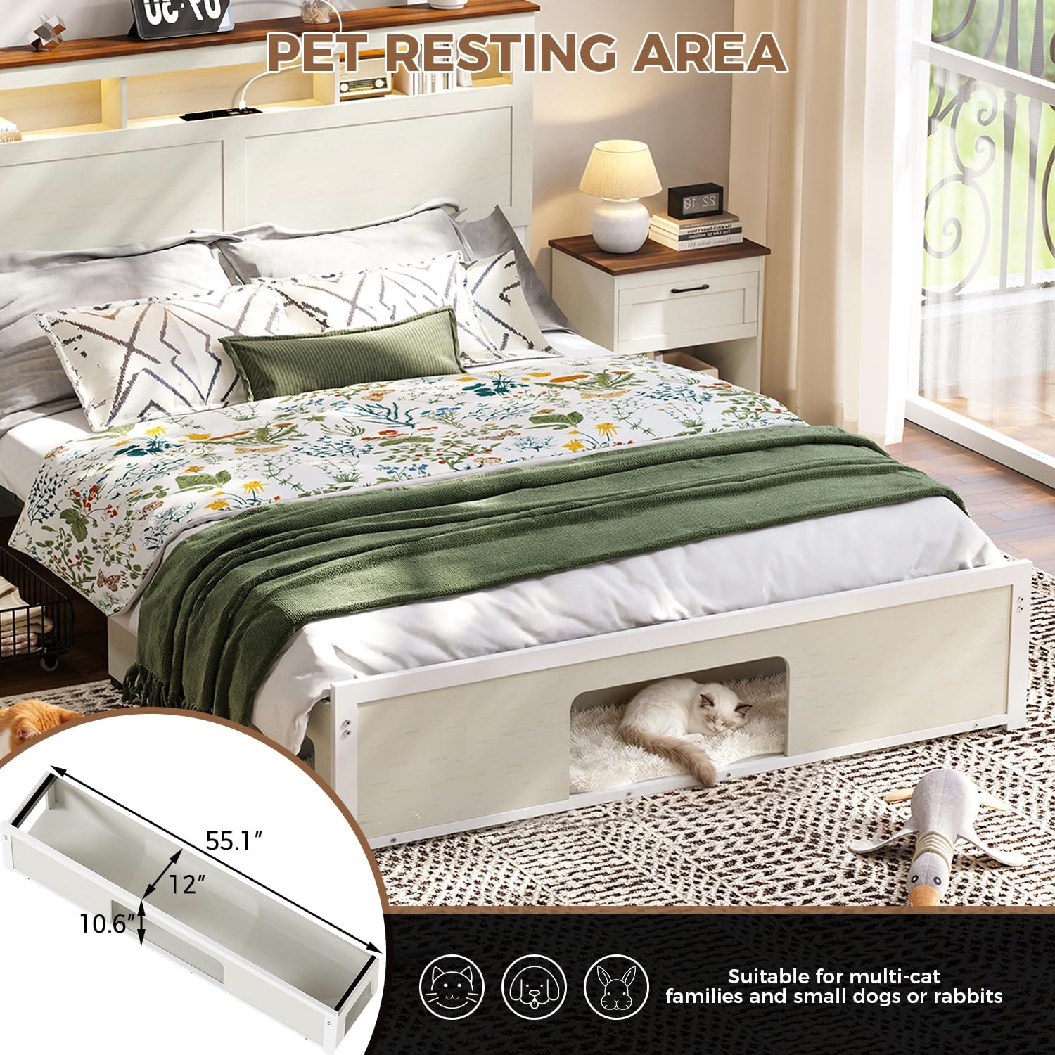 FUNKOCO Wood Queen Bed Frame with Nightstand Set of 2，Farmhouse Bed Frame with Cat & Dog Bed, Storage Headboard and 2 Drawers, LED Lights & Charging Station, Noise Free, No Box Spring Needed