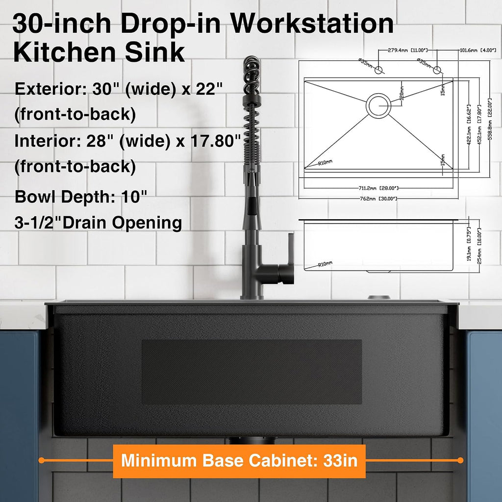 30 inch Dark Black Drop In Workstation kitchen Sink with Pull Out Faucet, Handmade Topmount Single Bowl 18 Gauge PVD-Nano Scratch-Resistant Stainless Steel Kitchen Sink with Accessories