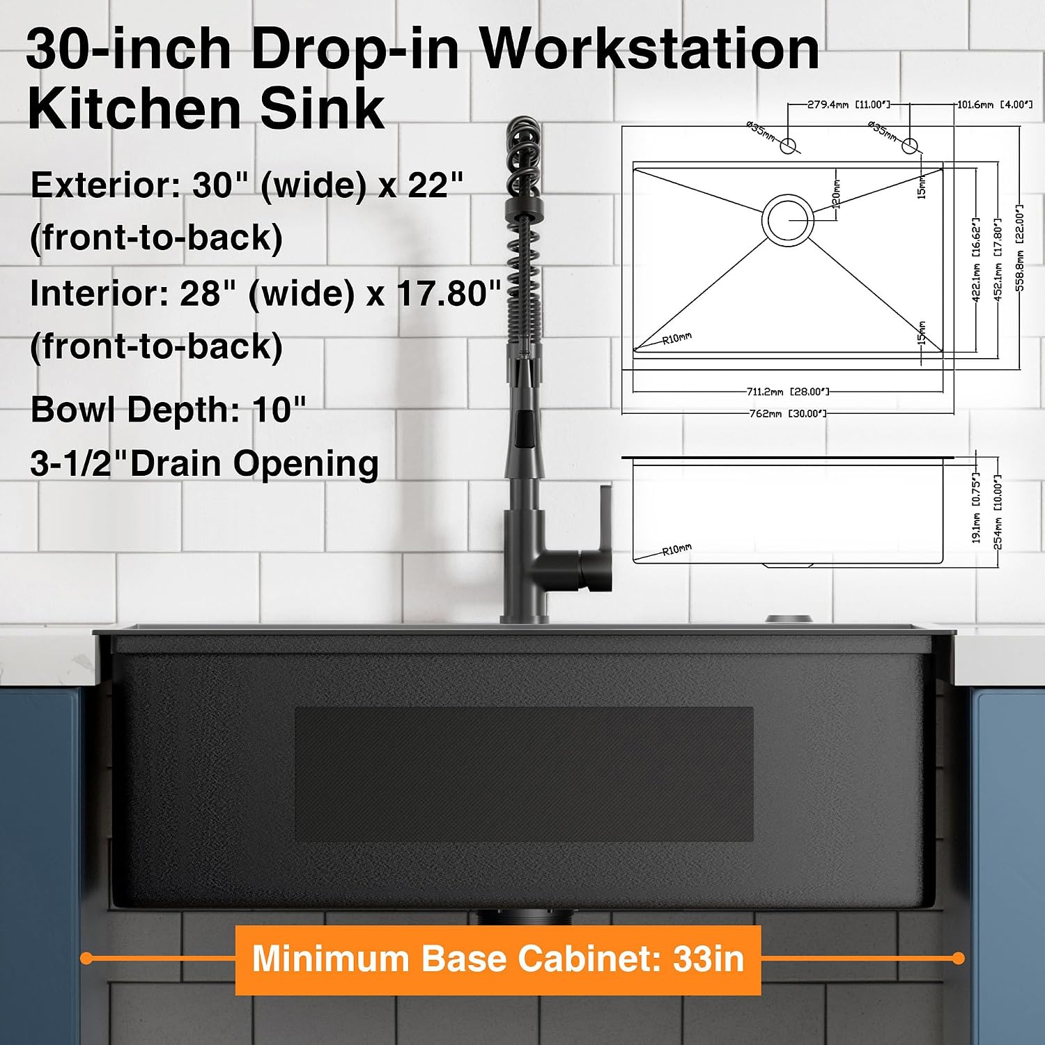 30 inch Dark Black Drop In Workstation kitchen Sink with Pull Out Faucet, Handmade Topmount Single Bowl 18 Gauge PVD-Nano Scratch-Resistant Stainless Steel Kitchen Sink with Accessories