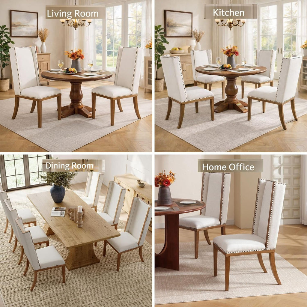 High Back Upholstered Dining Chairs Set of 4, Parsons Fabric Dining Room Chairs with Solid Wood Legs and Nailhead Trim, Farmhouse Wingback Side Chair for Kitchen/Dining Room, Beige