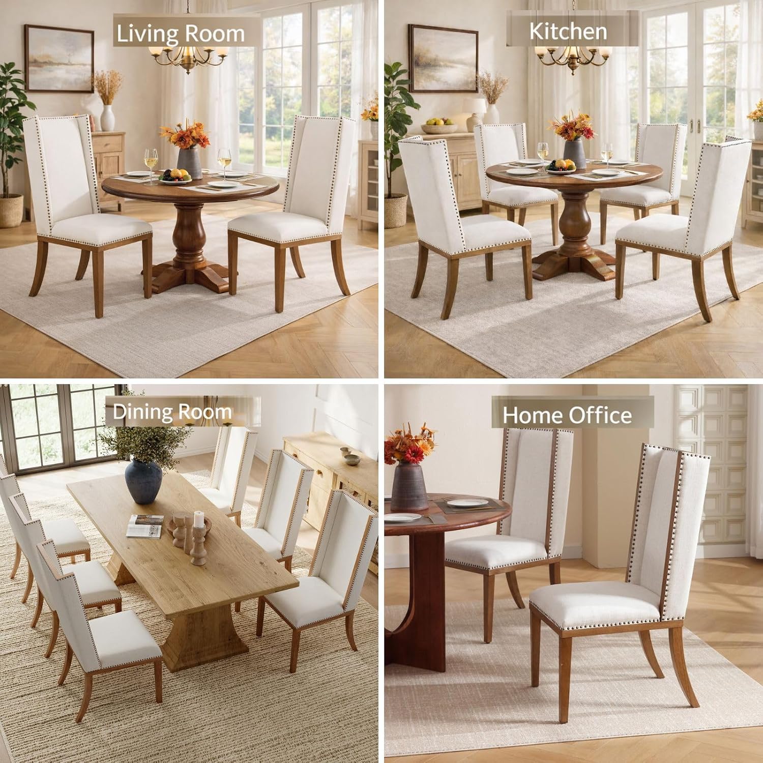 High Back Upholstered Dining Chairs Set of 4, Parsons Fabric Dining Room Chairs with Solid Wood Legs and Nailhead Trim, Farmhouse Wingback Side Chair for Kitchen/Dining Room, Beige