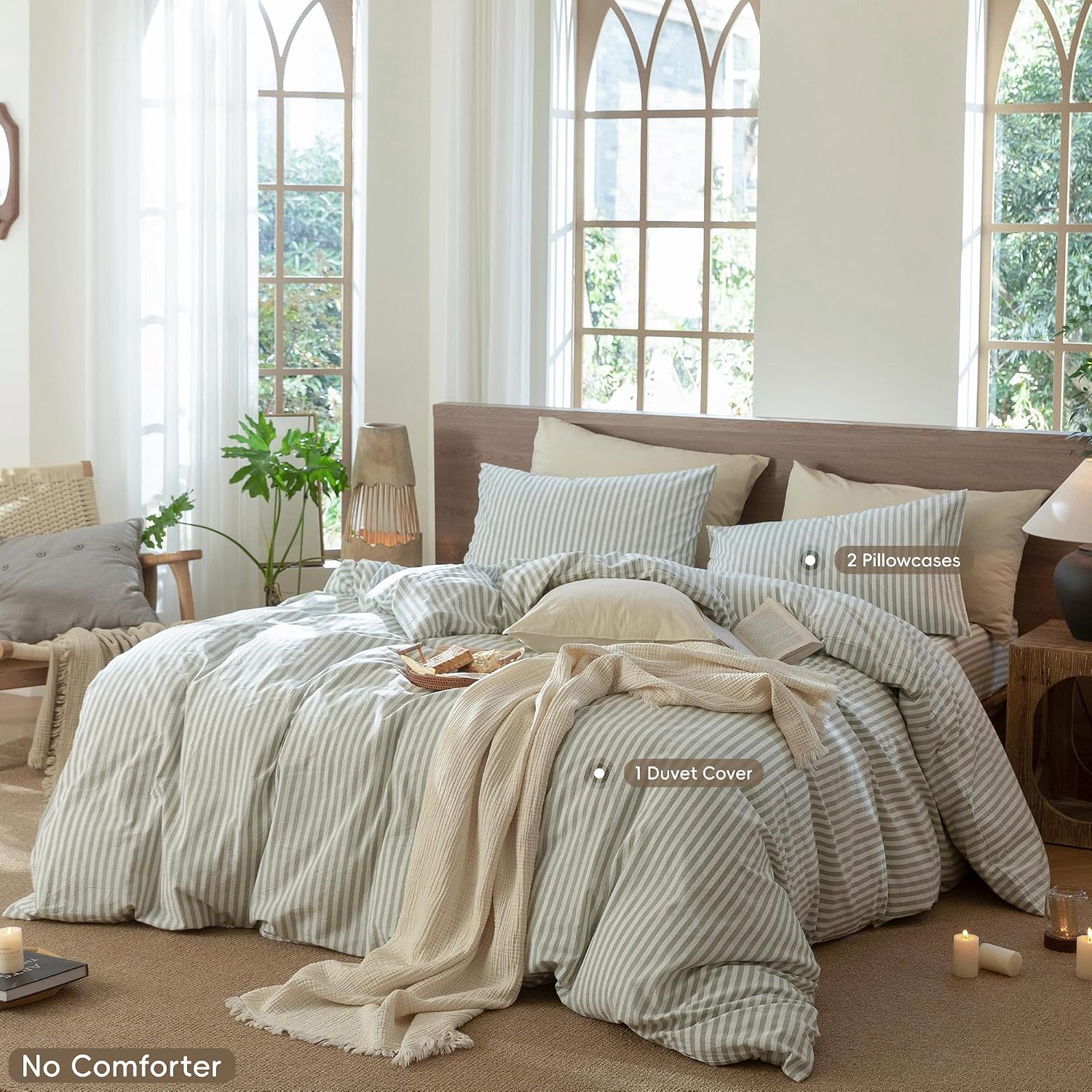 MooMee Striped Duvet Cover Set 100% Washed Cotton Linen Like Textured Breathable Durable Soft Comfy (Sage Green White Classic Stripes, Palatial King/Oversized King 120'x98')