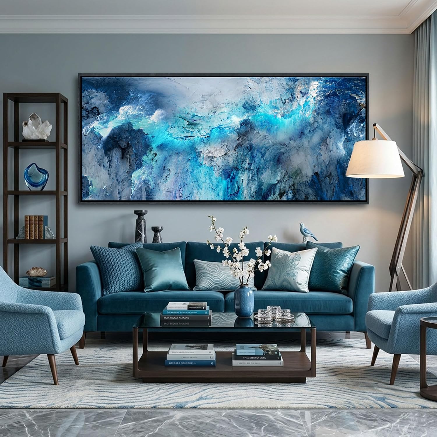 Mofutinpo Framed Abstract Canvas Wall Art | Modern Blue Contemporary Painting for Living Room, Bedroom, and Office | Large Abstract Artwork 31x70 Inches | artwork for walls