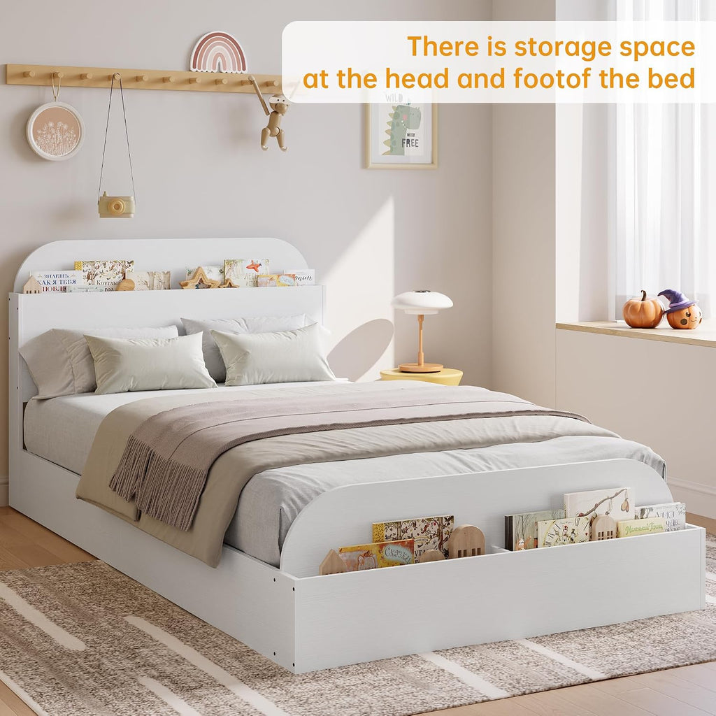 GarveeHome Twin XL Size Bed Frame, Wooden Beds with Storage Headboard and Raised-Foodboard, Twin XL-Floor Low Platform Bed for Bedroom, Sturdy Wooden Slats Support, No Box Spring Needed, White