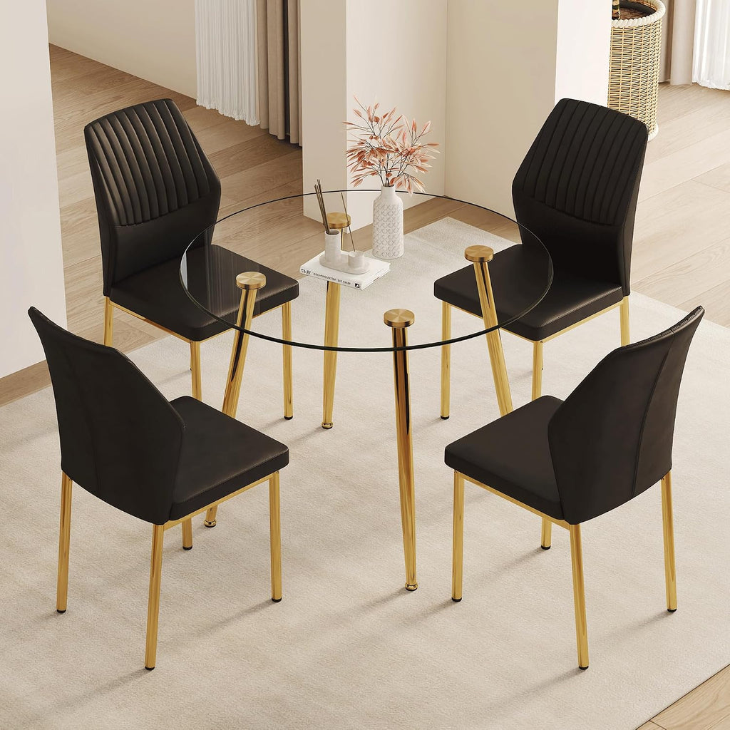 Dining Room Chairs Set of 4,Comfortable,Fashionable Soft Padded Kitchen Chairs High Backrests Metal Legs. Suitable for Living Room and Bedroom (Black+Gold Leg Set of 4)