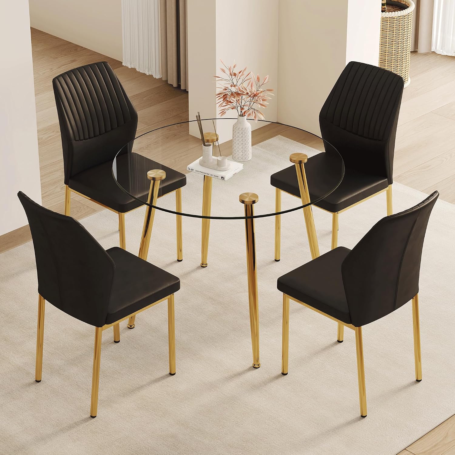 Dining Room Chairs Set of 4,Comfortable,Fashionable Soft Padded Kitchen Chairs High Backrests Metal Legs. Suitable for Living Room and Bedroom (Black+Gold Leg Set of 4)