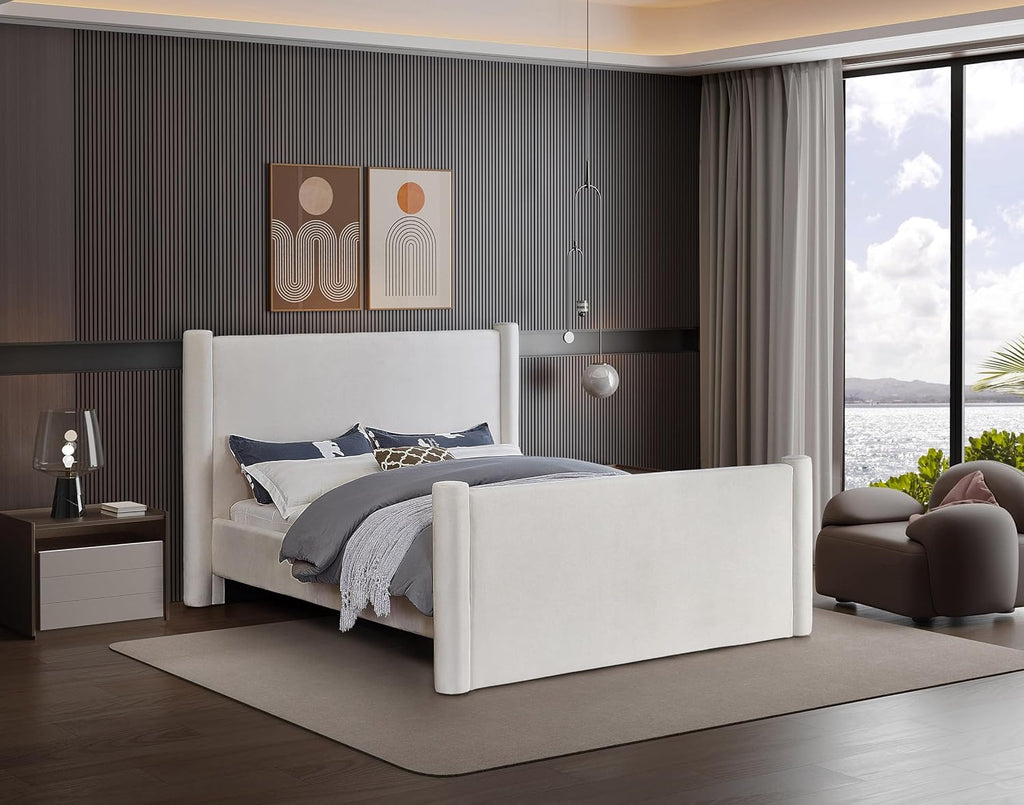 Meridian Furniture B1298Cream-Q Elias Collection Modern | Contemporary Queen Bed with Soft Cream Velvet, Solid Wood Inner Frame, 73.5' W x 88.5' D x 52' H, Cream, Queen