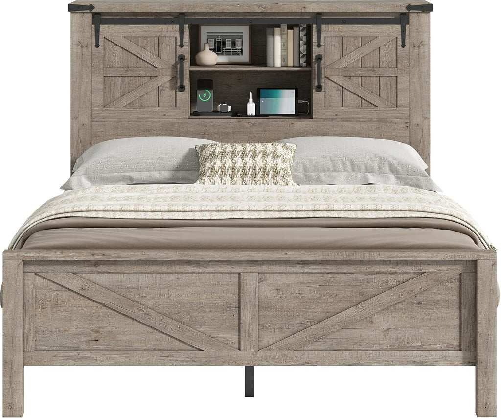 AMERLIFE Farmhouse Full Bed Frame with Storage Headboard & Charging Station, Rustic Wood Platform Bed with Barn Door Bookcase, No Box Spring Needed, Light Grey Bedroom Furniture
