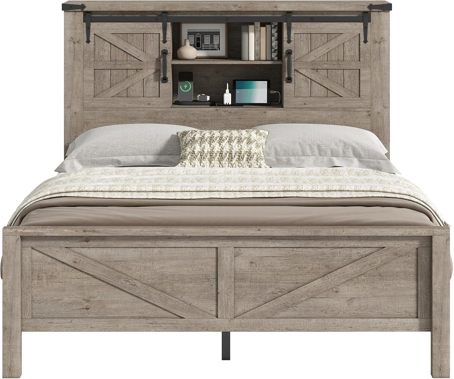 AMERLIFE Farmhouse Full Bed Frame with Storage Headboard & Charging Station, Rustic Wood Platform Bed with Barn Door Bookcase, No Box Spring Needed, Light Grey Bedroom Furniture