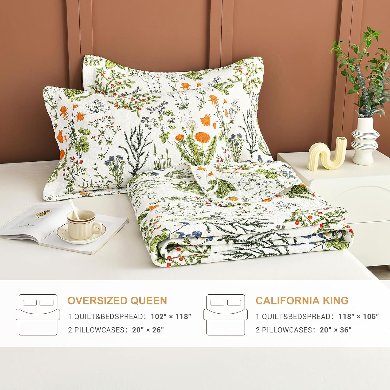 Sanracie California King Quilt Bedding Set(118'x106'), 100% Cotton Soft Breathable Green Floral Bedspread Sets 3Pcs Yellow Flowers Plant Pattern Botanical Printed Quilted Set for All Season