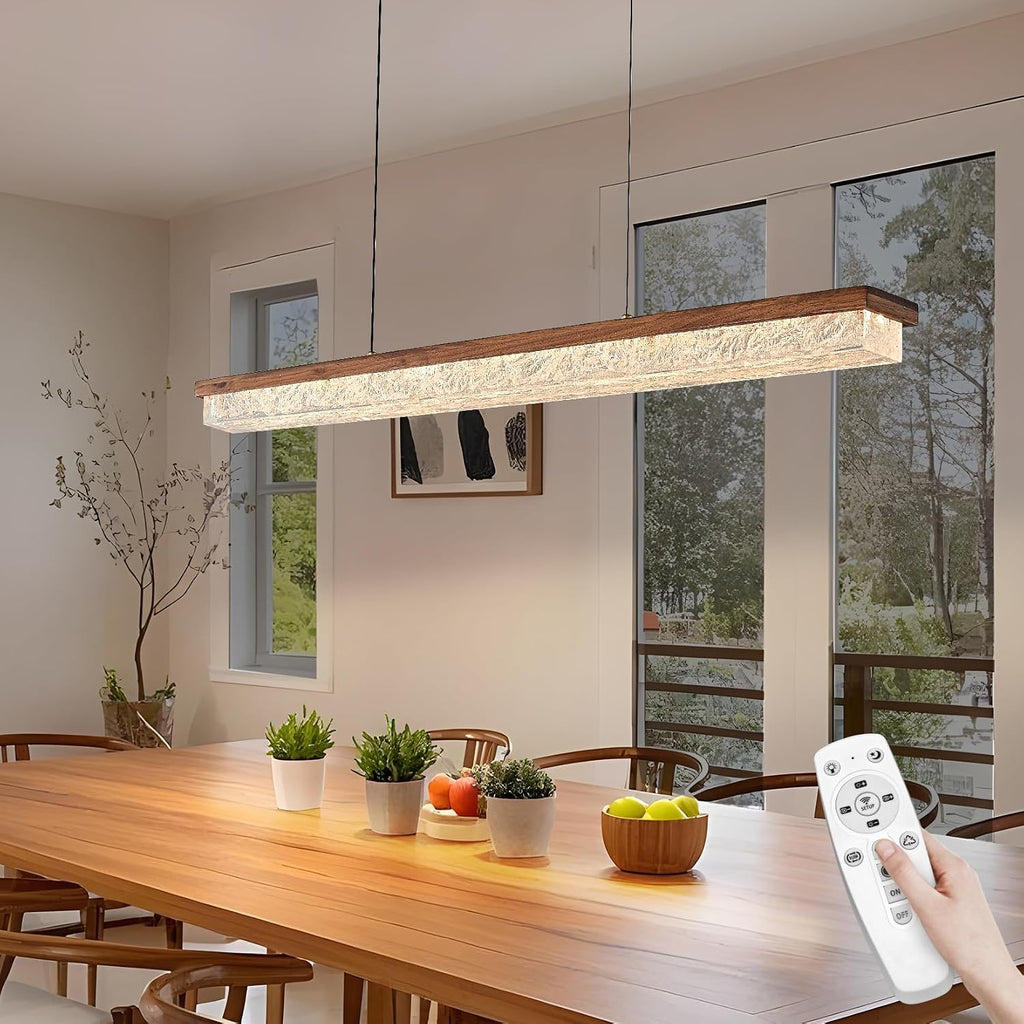 Wood Linear Chandelier,Dimmable Kitchen Island Lighting with Remote,Modern LED Pendant Light Fixture for Dining Room Over Table,Walnut Linear Chandeliers for bar,Living Room,Pool Table, 3000K-6000K.