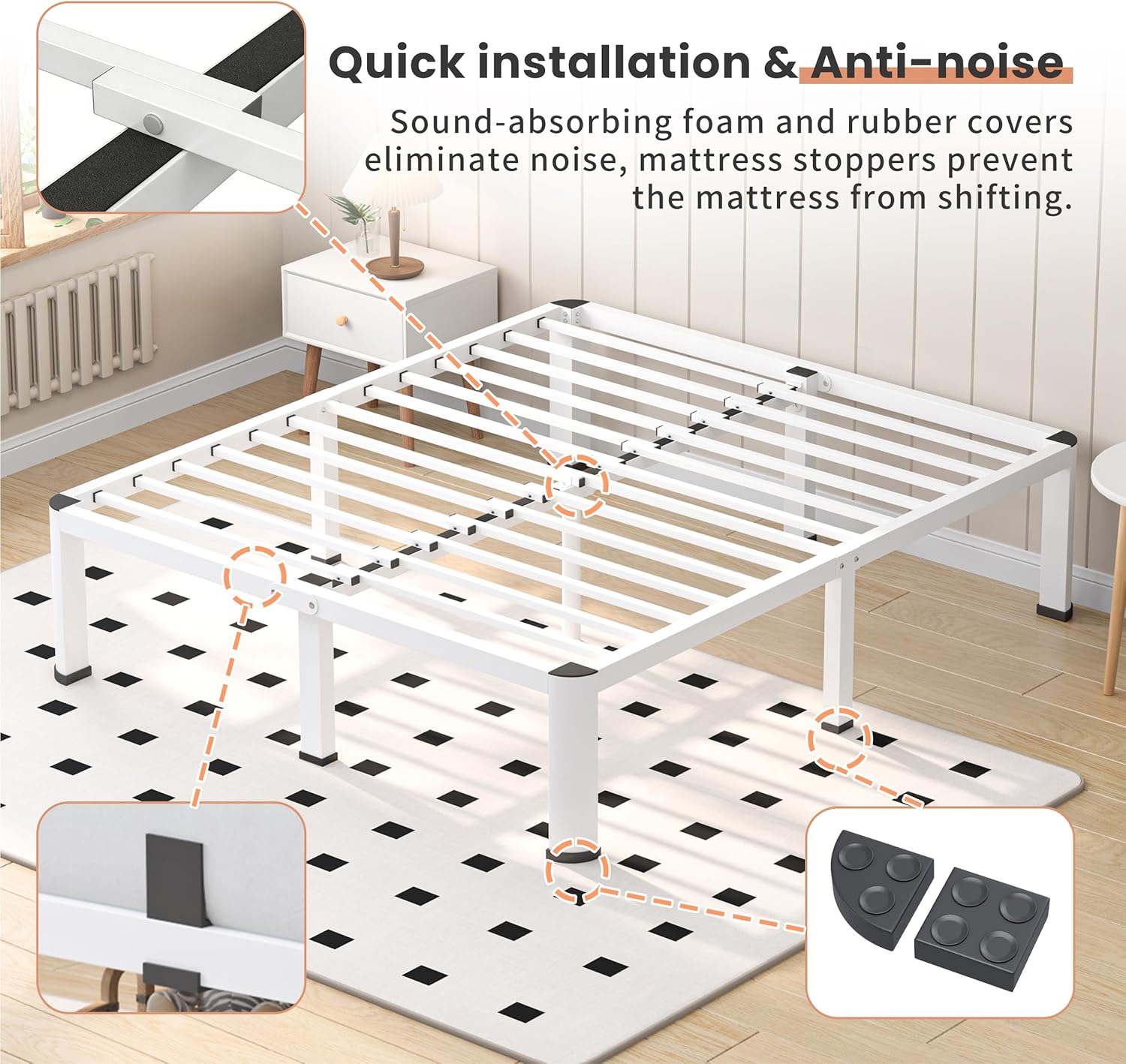 VIPSHOW 18 Inch White Full Heavy Duty 3500 lbs Bed Frame with Round-Corner Legs & Anti-Squeak Design – Quick Assembly Metal Platform, No Box Spring Needed