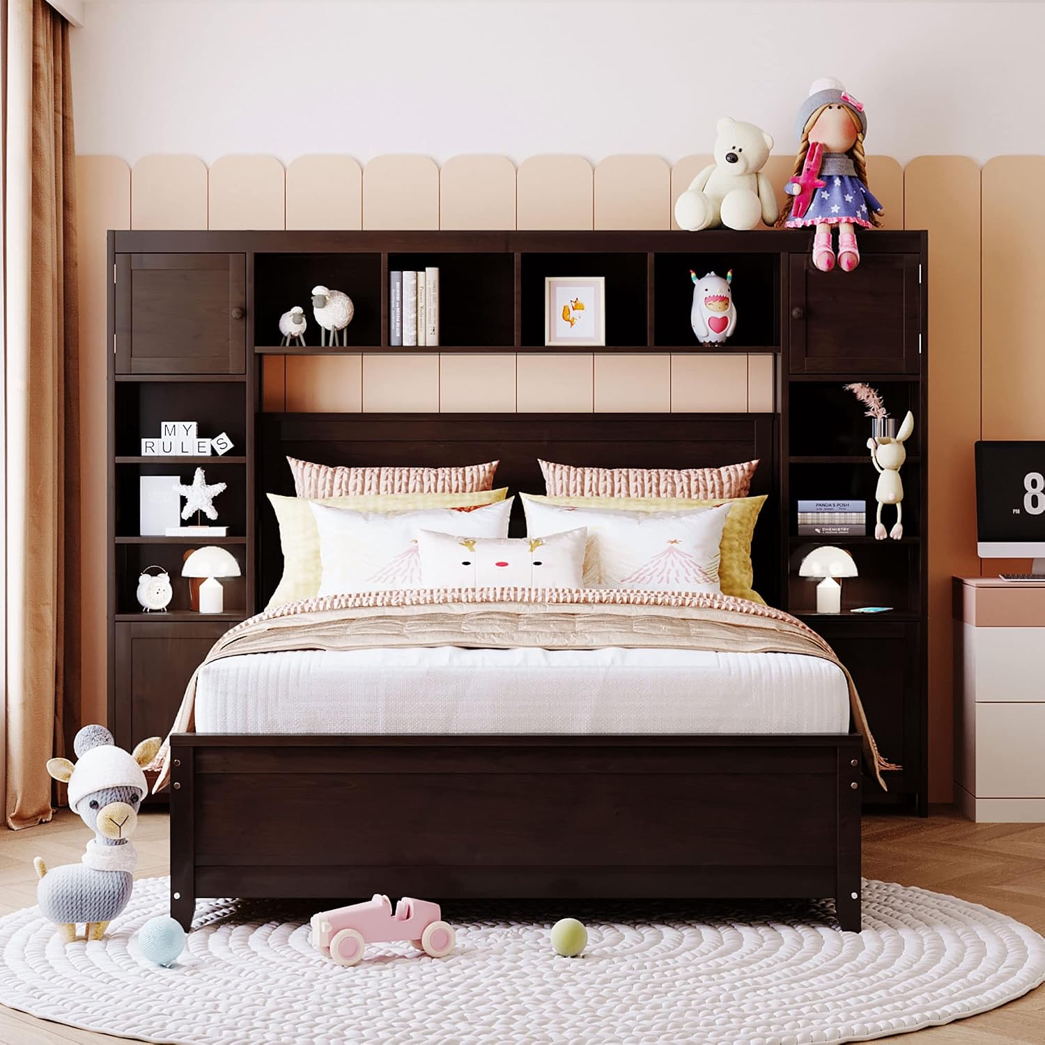 Merax Full Size Wooden Bed with All-in-One Cabinet and Shelf, White Modern Platform Bed Frame with 4 Storage Drawers for Bedroom and Apartment
