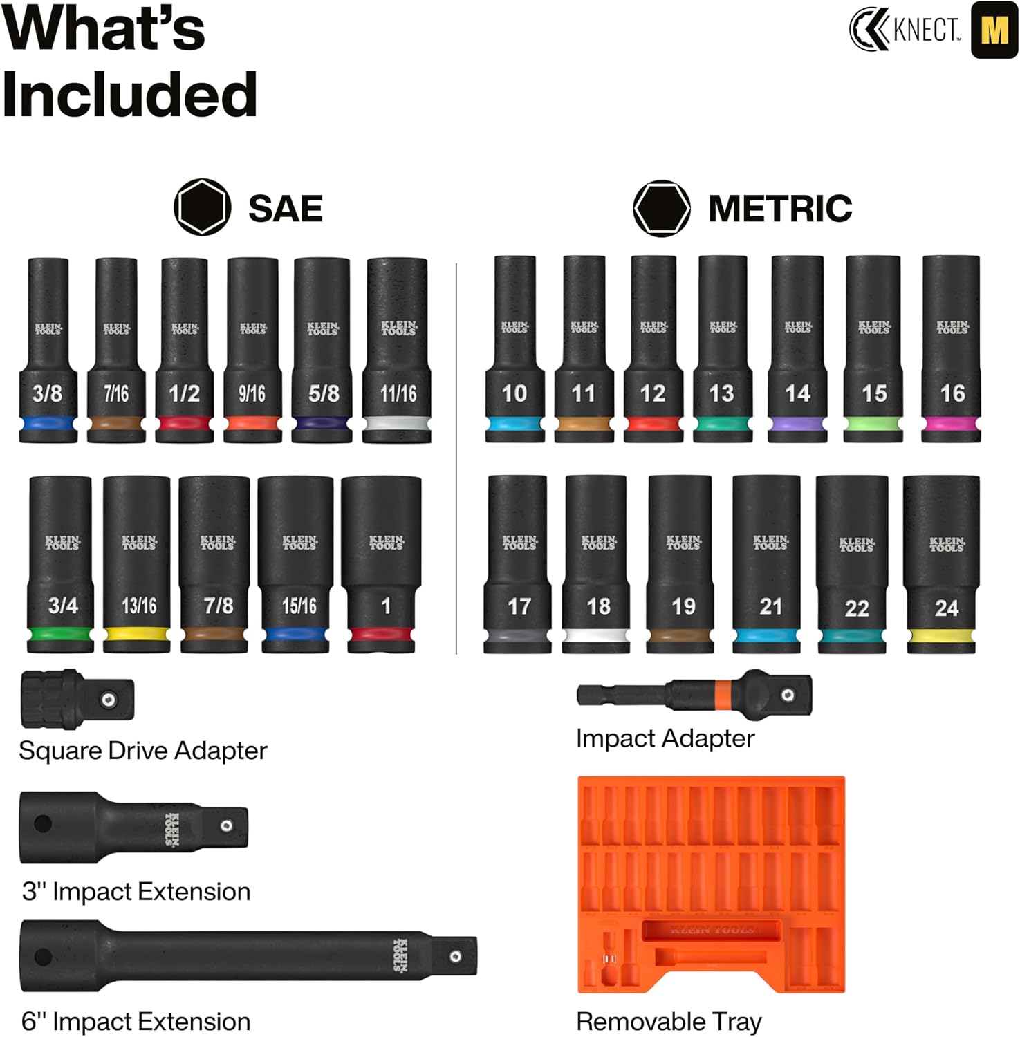 Klein Tools 65123HD KNECT Deep-Well Impact Socket Set, 1/2-Inch Drive, SAE and Metric, 28-Piece Tool Set, 1/4-Inch Impact Driver, Wrench Extensions, Color-Coded, Removable Socket Organizer