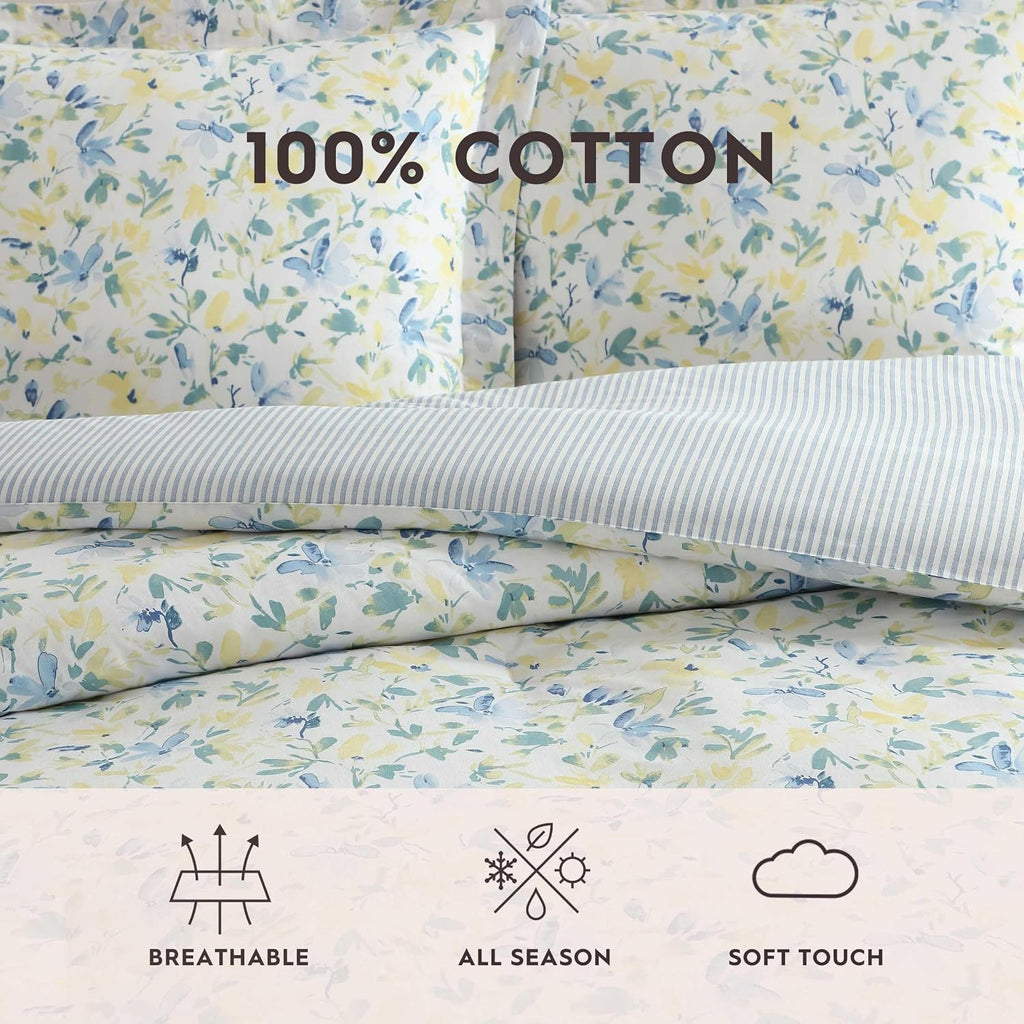 Laura Ashley - Twin Comforter, Soft Reversible Bedding Set, Includes Matching Shams with Bonus Euro Shams & Throw Pillows, Dorm Room Essentials (Nora Blue, Twin)