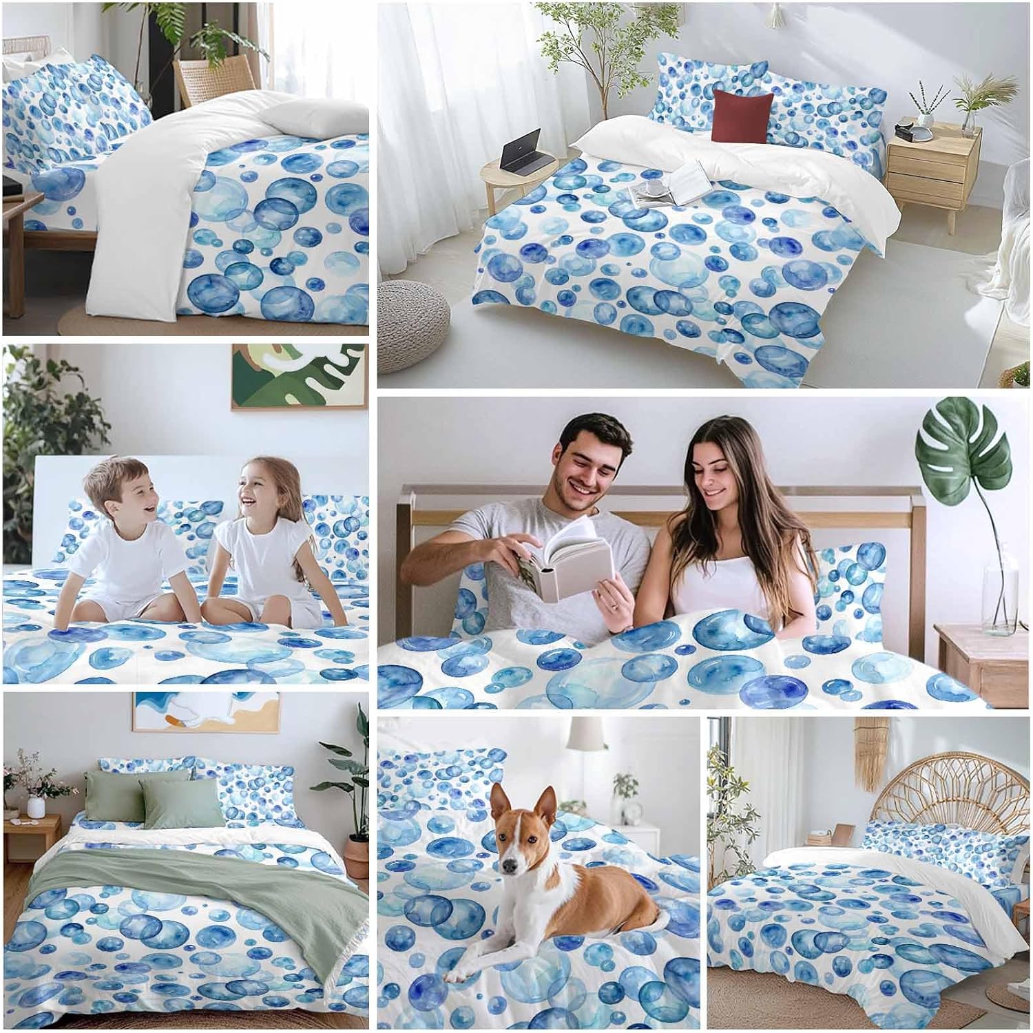 Prime Leader Blue Bubbles Duvet Cover Set Queen Size 4 Pieces Watercolor Gradient Bubble Summer Ocean Bedding Set with Zipper Closure, 1 Comforter Cover 90x92 Inches 1 Flat Sheet & 2 Pillow Cases