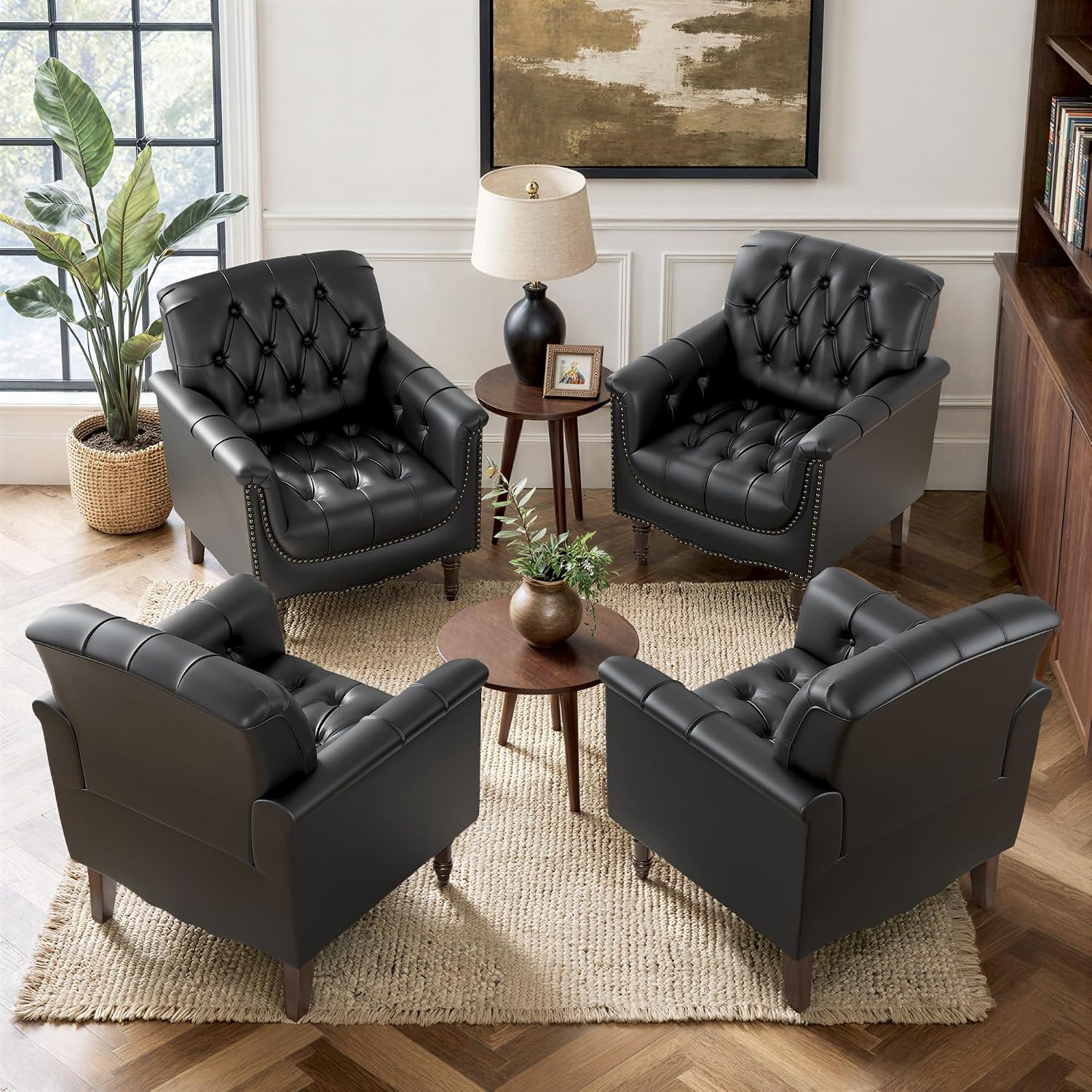Faux Leather Accent Chair, PU Leather Modern Comfy Upholstered Armchair with Wood Legs & Nailhead Trim for Living Room, Bedroom (Black,Set of 2)