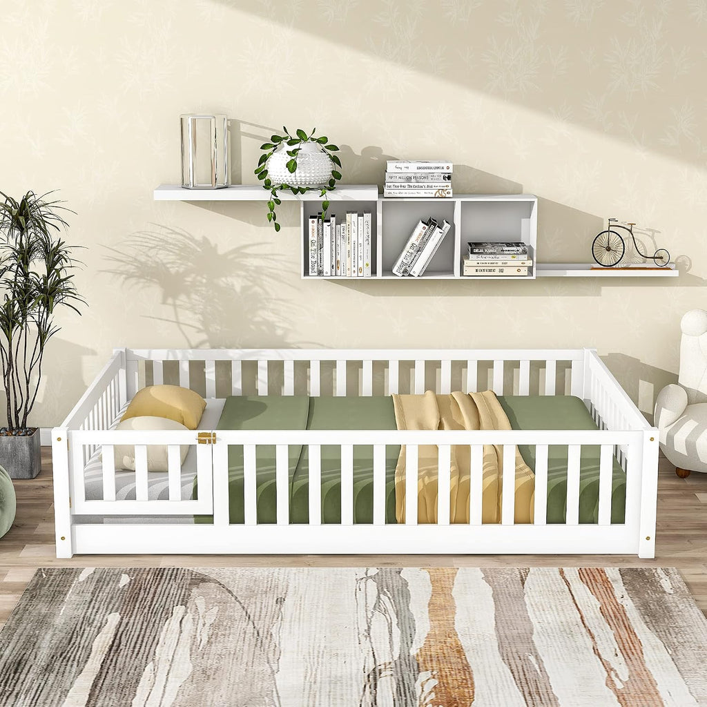 Bellemave Full Size Floor Bed Frame with Fence and Door for Kids, Montessori Floor Bed with Slats and Safety Guardrails,Solid Wood Full Bed Frame for Girls Boys,White