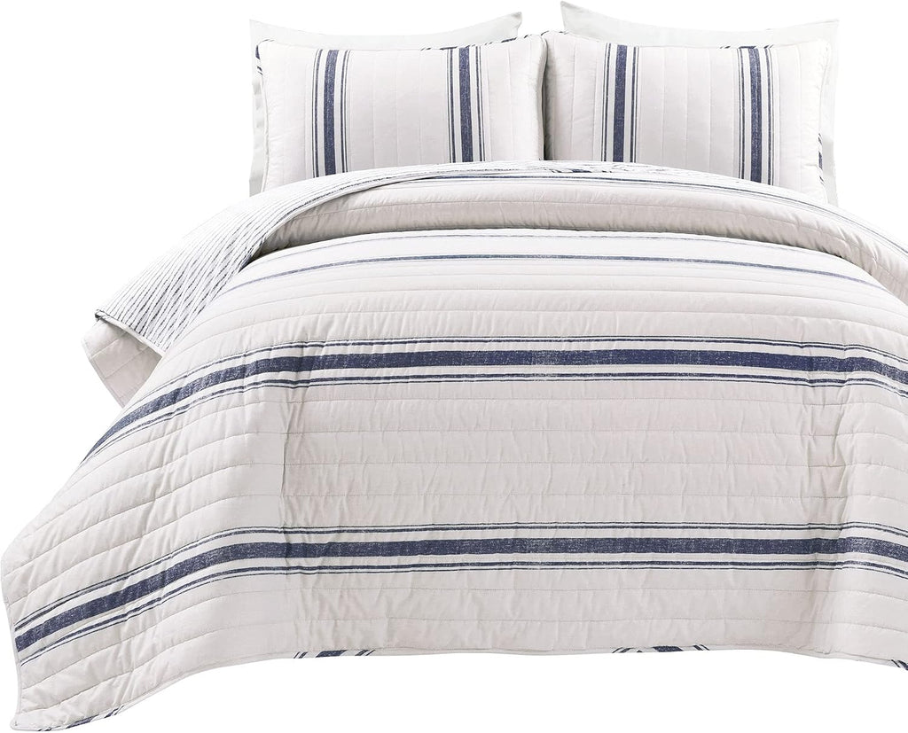 Lush Decor Farmhouse Stripe Reversible Cotton Quilt California King Size 3 Piece Set Navy - Farmhouse Bedding Set - Cal King Quilt - Striped Bedding
