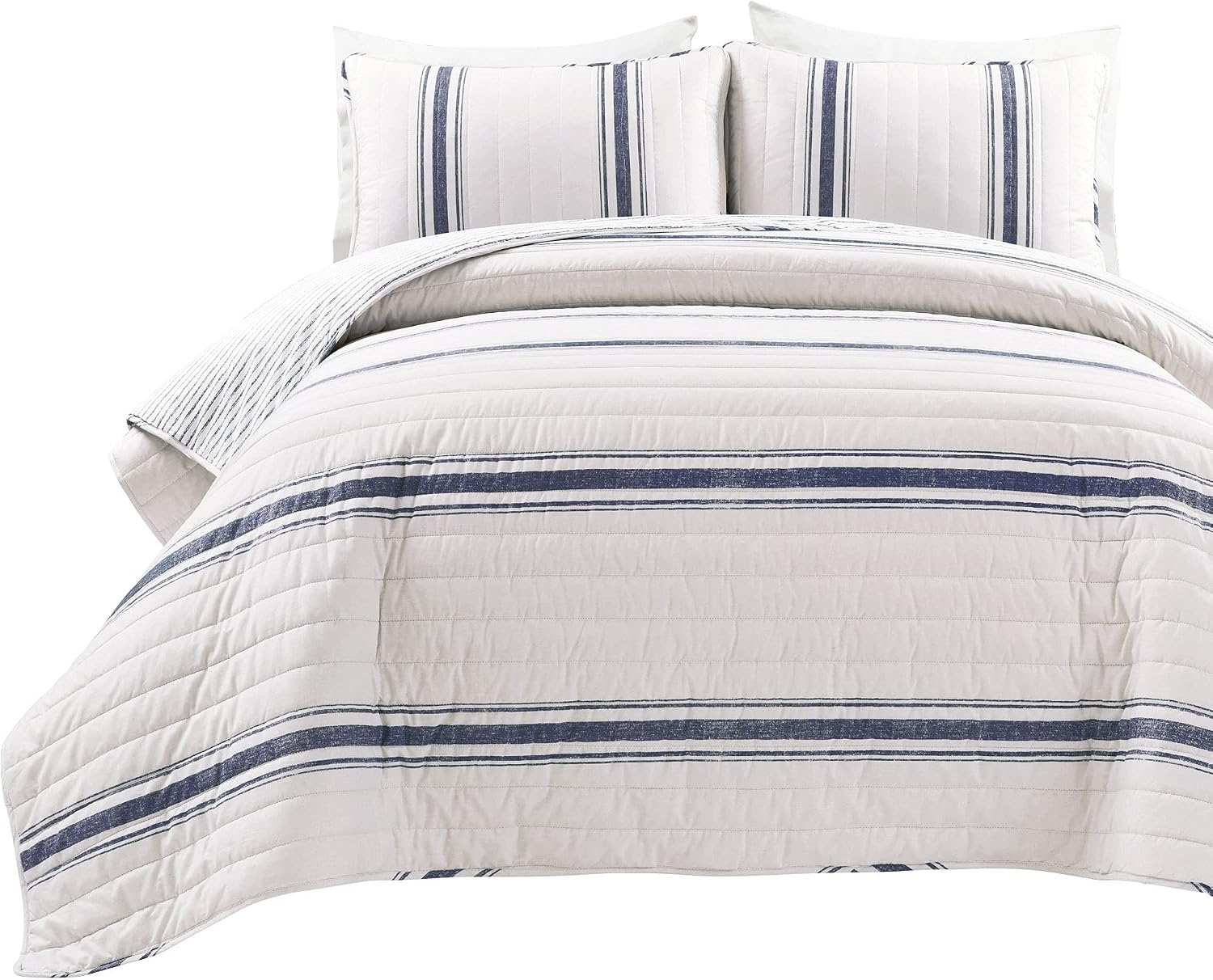 Lush Decor Farmhouse Stripe Reversible Cotton Quilt King Size 3 Piece Set Navy - Farmhouse Bedding Set King Quilt - Striped Bedding