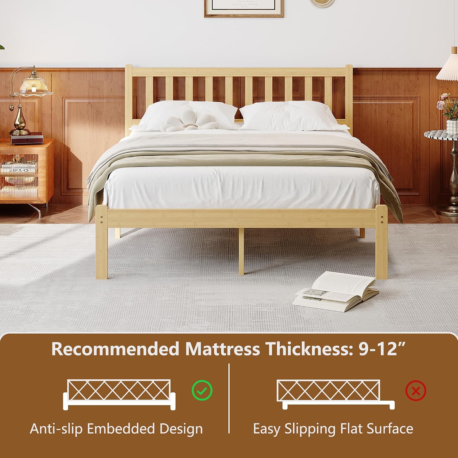 14 in High Solid Bamboo Wood Twin XL Bed Frame with Headboard, Platform Twin XL Size Bed Frame, Heavy Duty, No Box Spring Needed, Nosie Free