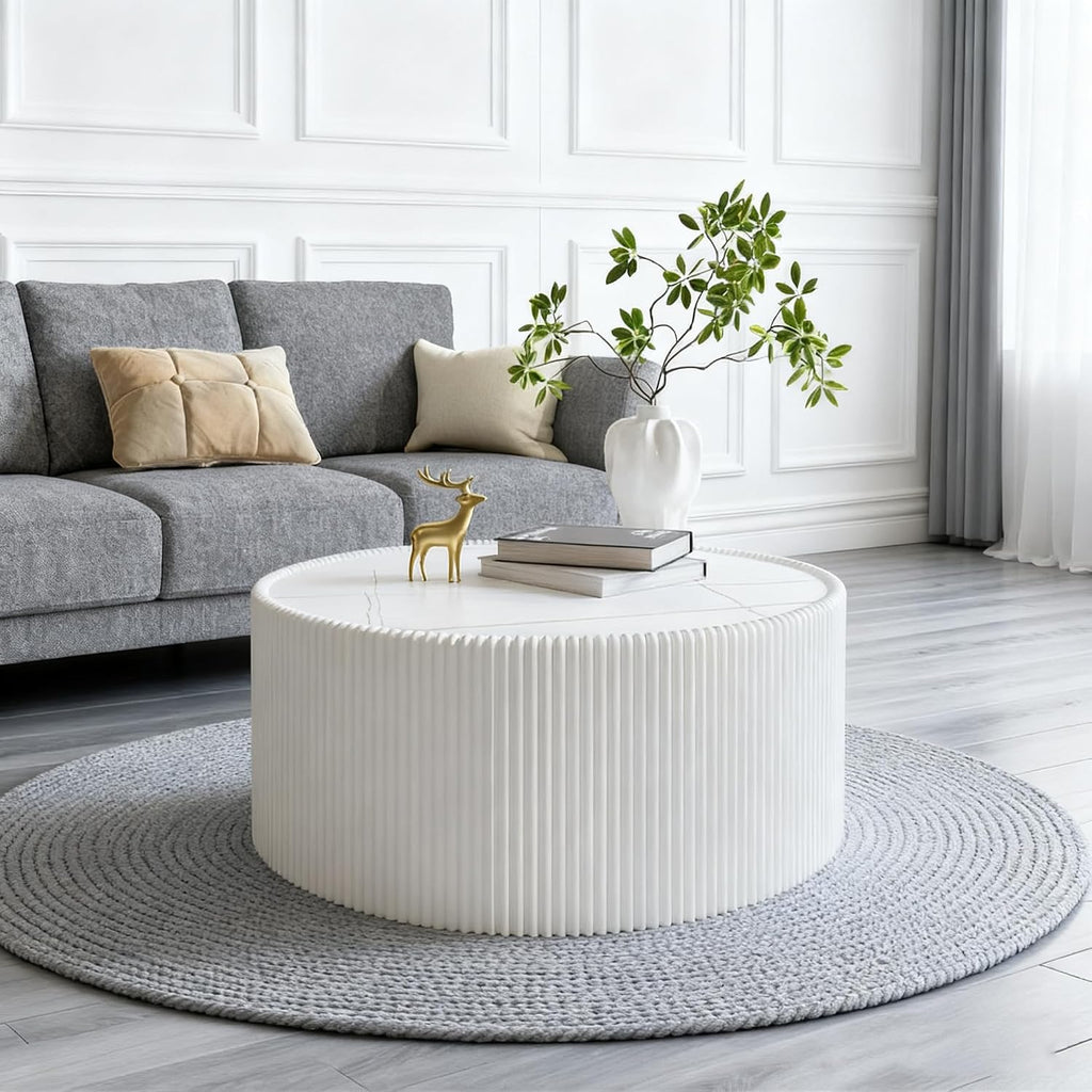 Round Living Room Table Set, 29.52' White Drum Center Table and 17.71' Black Coffee Table Set, 2 Pieces Coffee Table Set with Sintered Stone Tabletop, Fluted PU Leather Covered and StableBase